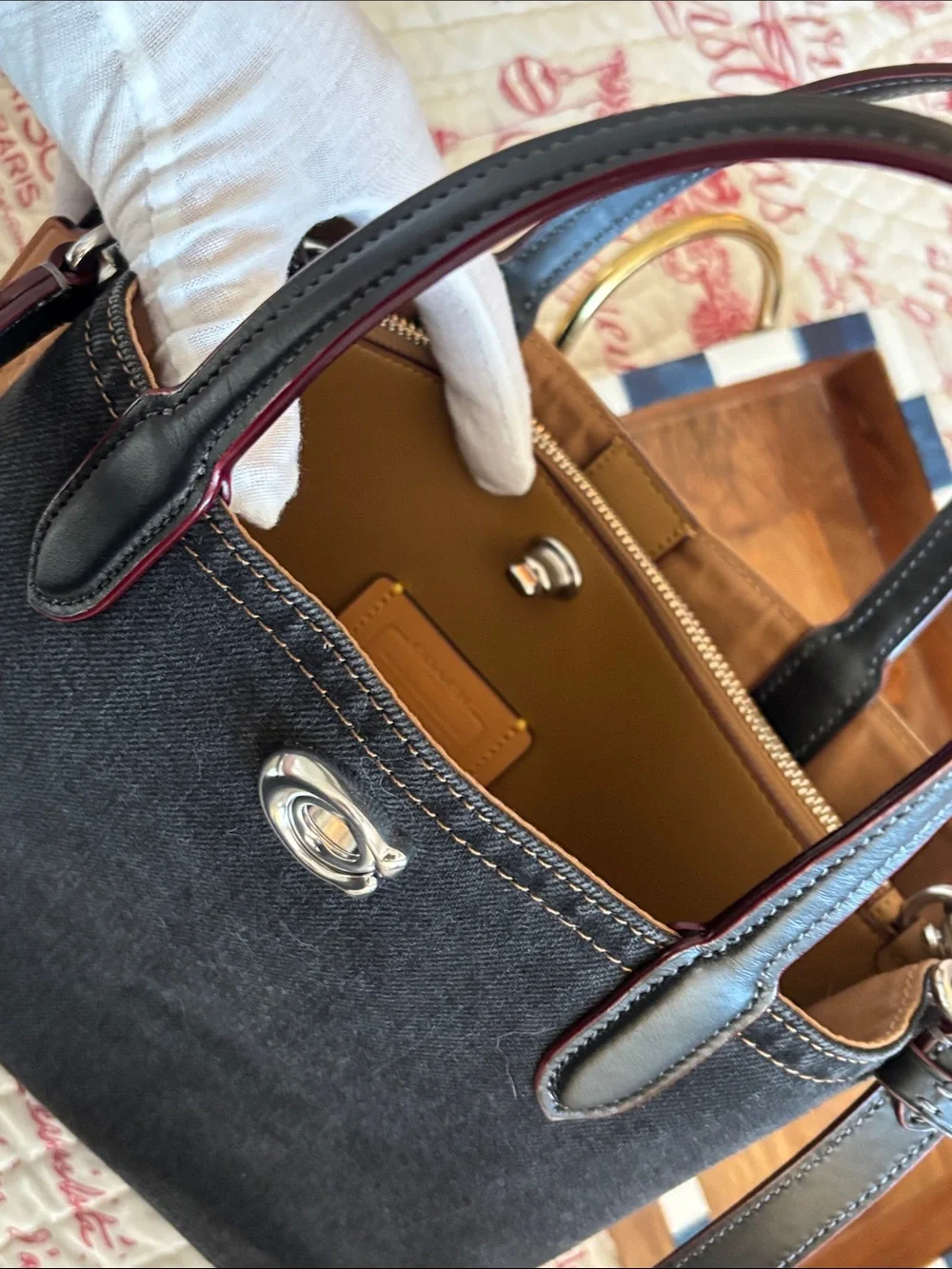 Authentic COACH Black Denim Willow Tote w Blk/Red Trimmed Leather